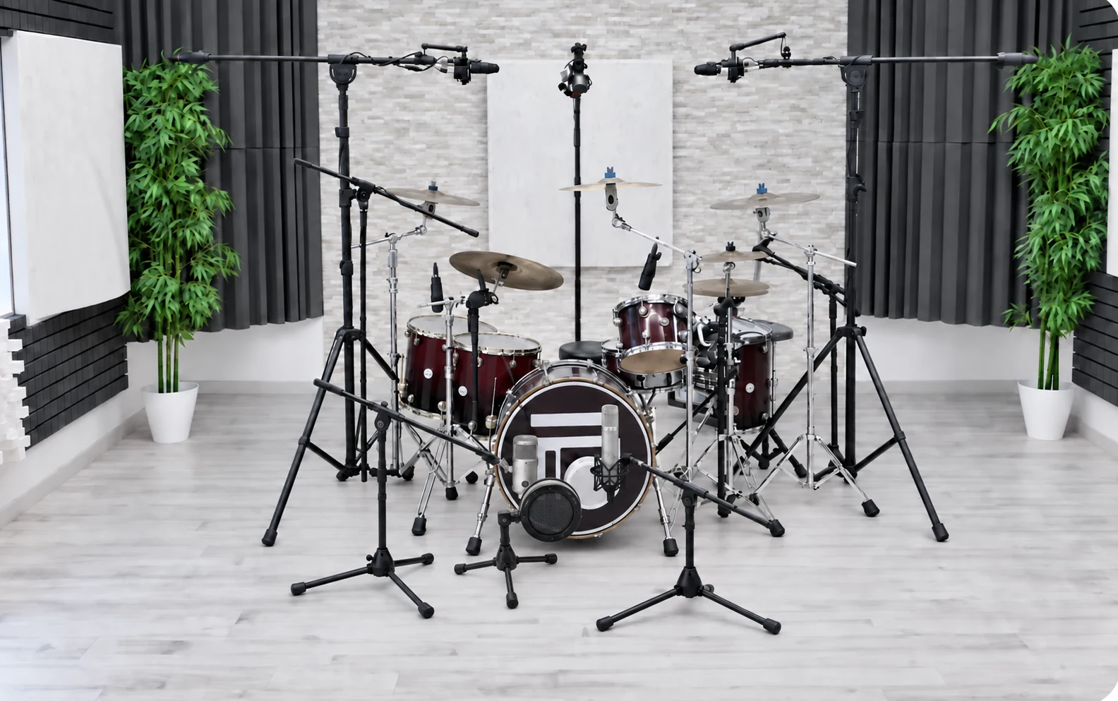 Toni Mateos professional drum kit miked in his recording studio